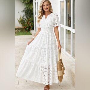 White Eyelet Maxi Dress Boho A-Line High Wait Pockets Lined Ankle Length